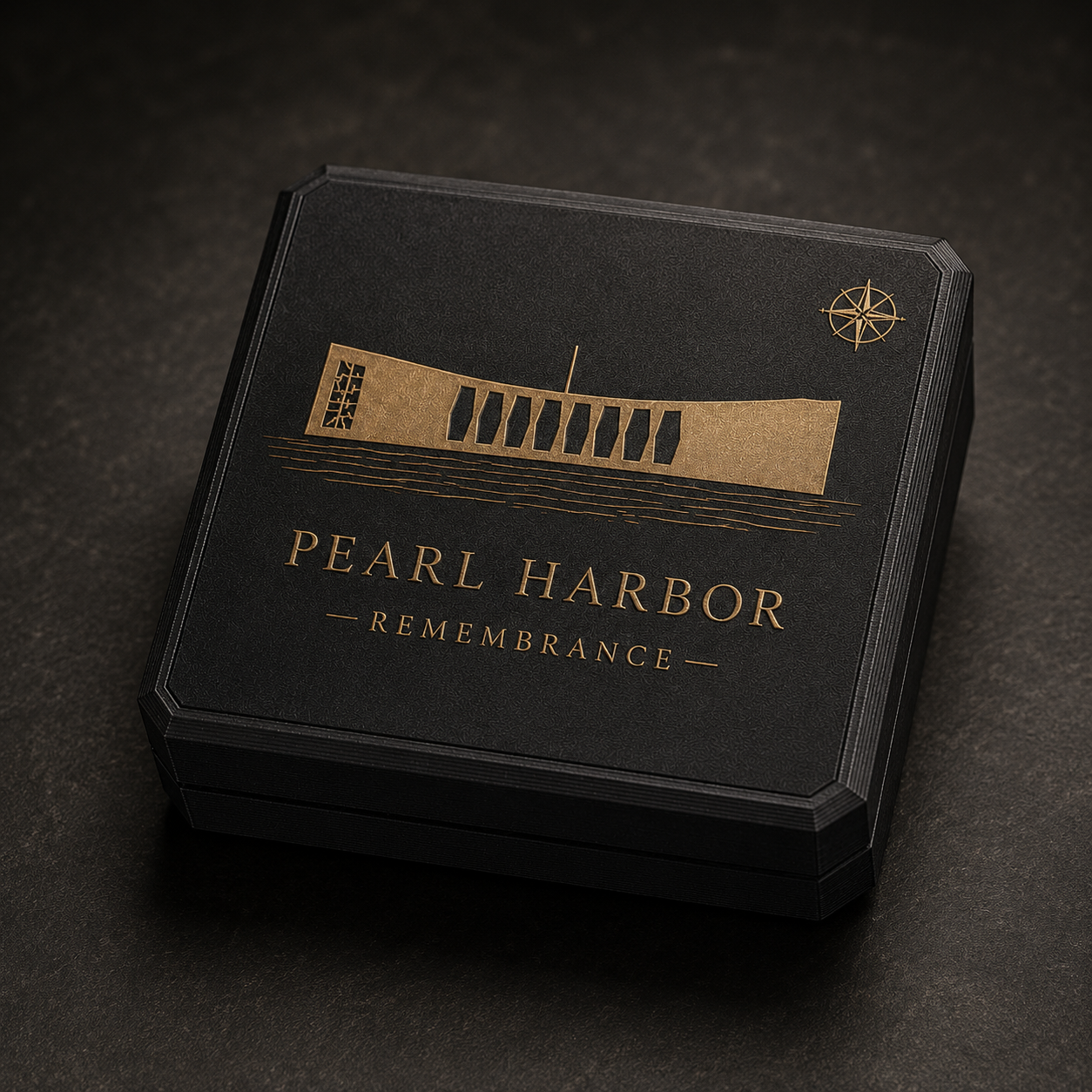 Pearl Harbor Remembrance black 3D printed gift box with raised gold artwork, closed on a dark premium surface.