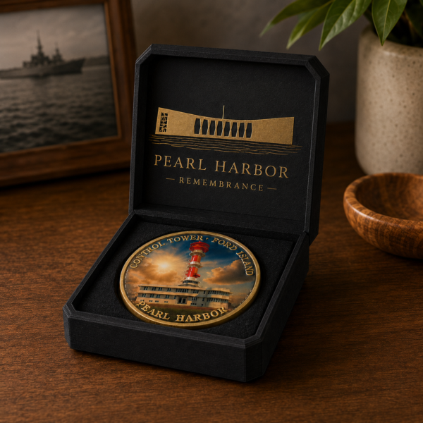 Open Pearl Harbor Remembrance gift box with commemorative Pearl Harbor coin displayed inside.