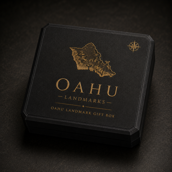 Oahu Landmark black 3D printed gift box with raised gold Oahu artwork, closed on a dark premium surface.